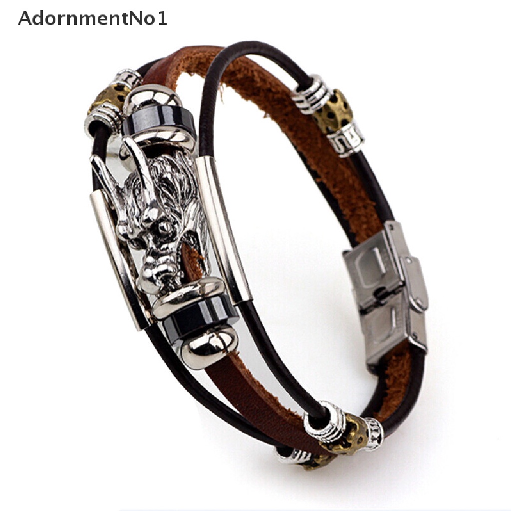 (AdornmentNo1) Gelang Tangan Kulit Banyak Lapis Motif Naga Parataxis Warna Silver Tibet Untuk Pria