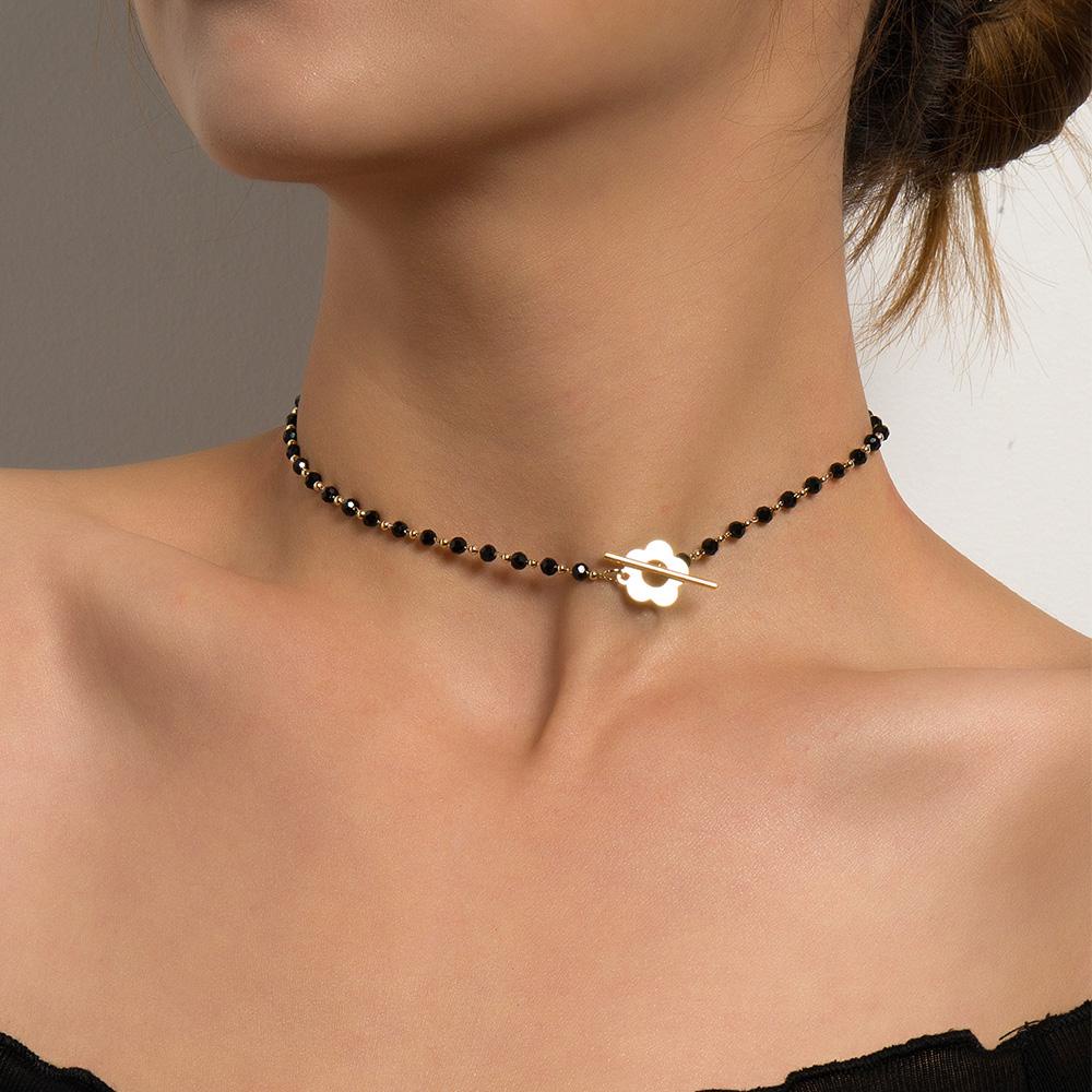 Nickolas1 Kristal Manik Kalung Fashion Temperamen Wanita Bunga Liontin Hitam Kristal OT Gesper Choker