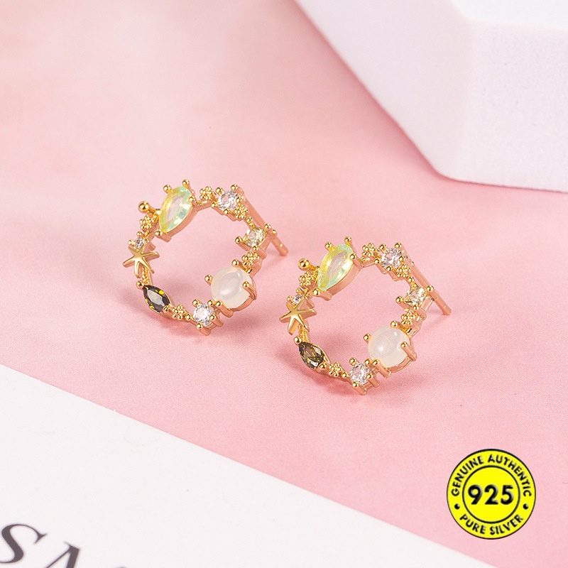 Anting Stud Sterling Silver 18K Bentuk Lingkaran Aksen Zirkon Warna-Warni Anti Alergi Untuk Wanita