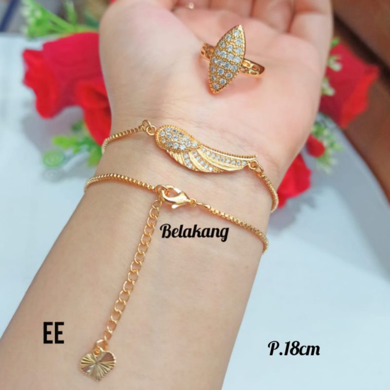 Gelang Rantai itali plat FREE cincin motif full permata zircon,gold tidak karat *COD*