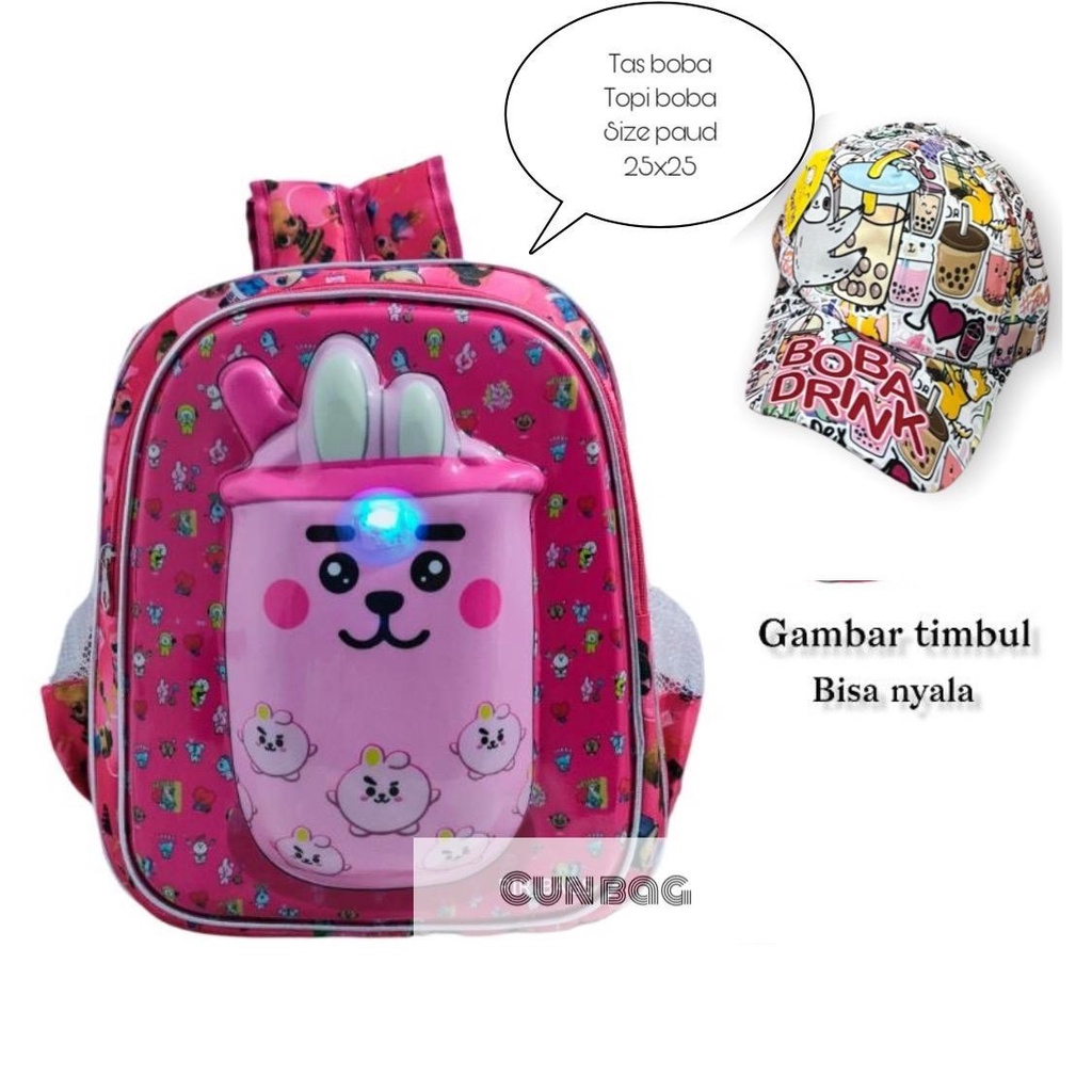Tas Ransel BOBA LED Gambar Timbul & BT21 Terbaru / Tas Anak TK / Tas Ransel Sekolah Anak PAUD-TK / T