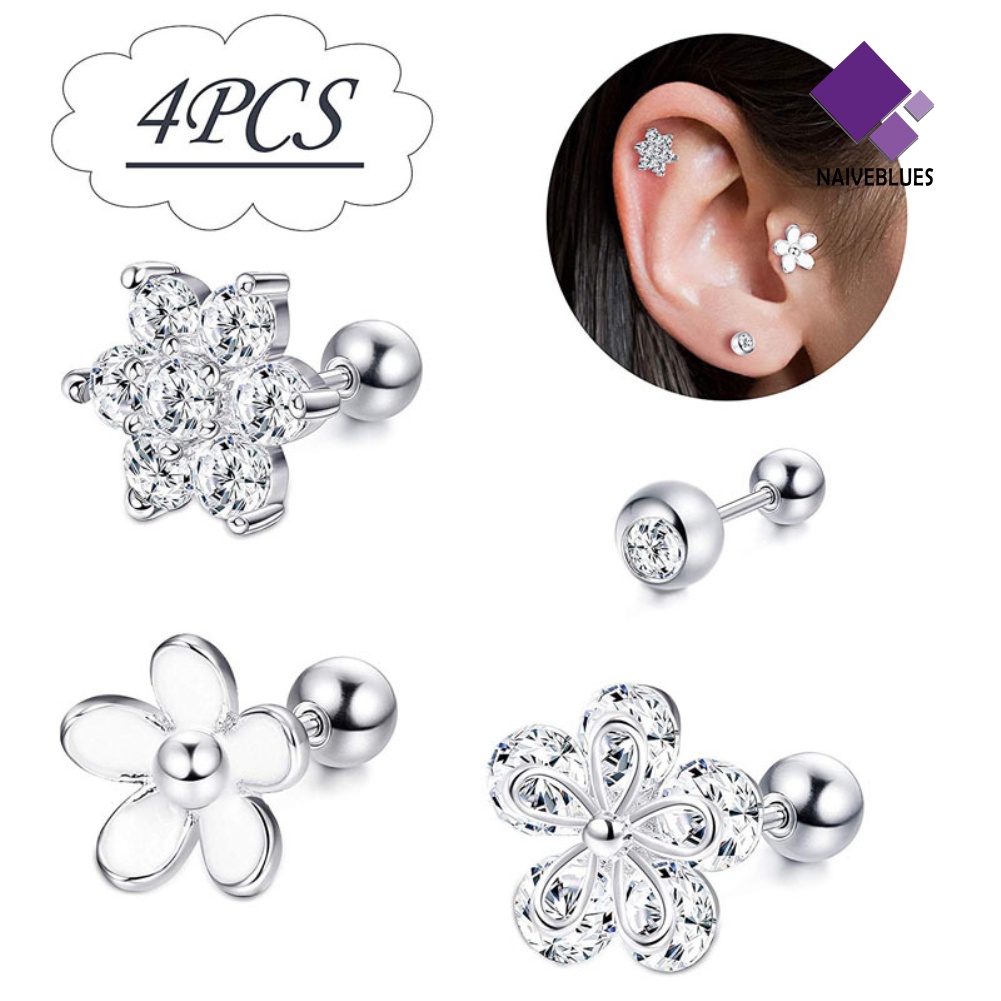 4pcs / Set Anting Stud Tindik Bentuk Bunga Cubic Zirconia Untuk Wanita