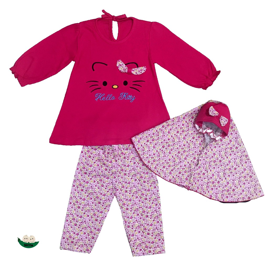 BAYIe - SETELAN Baju Gamis/Muslim Anak/Bayi Perempuan motif KITTY LILY/Gamis anak cewek 1-2 tahun