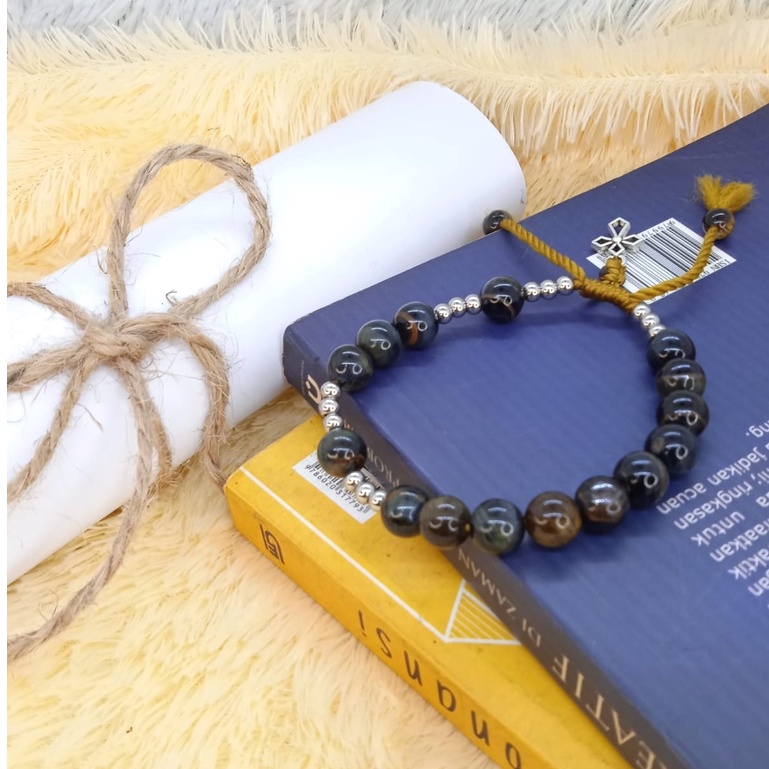 Gelang Rosario Batu Brown Tiger Eye Manik Stainless