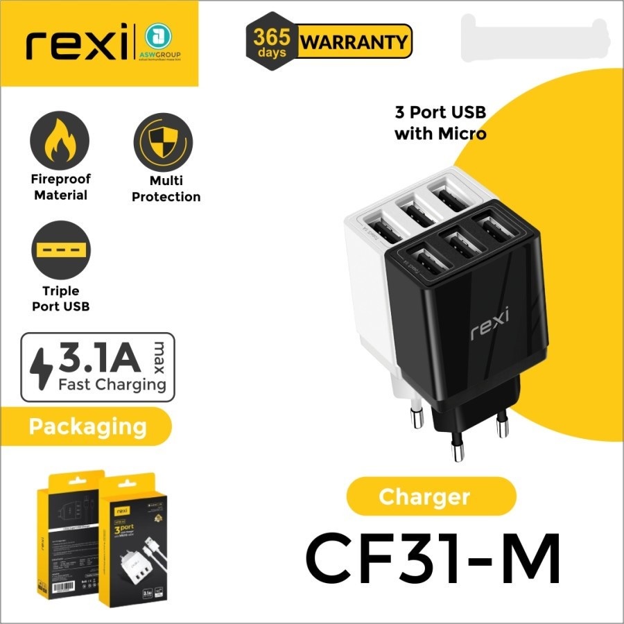 REXI USB CHARGER 3 PORT CF31-M Charger 3.1A 3 LOBANG  -port with Micro Cable PREMIUM QUALITY