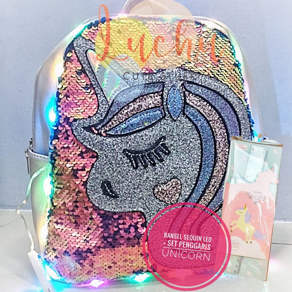 

ransel sequin led pus set penggaris unicorn