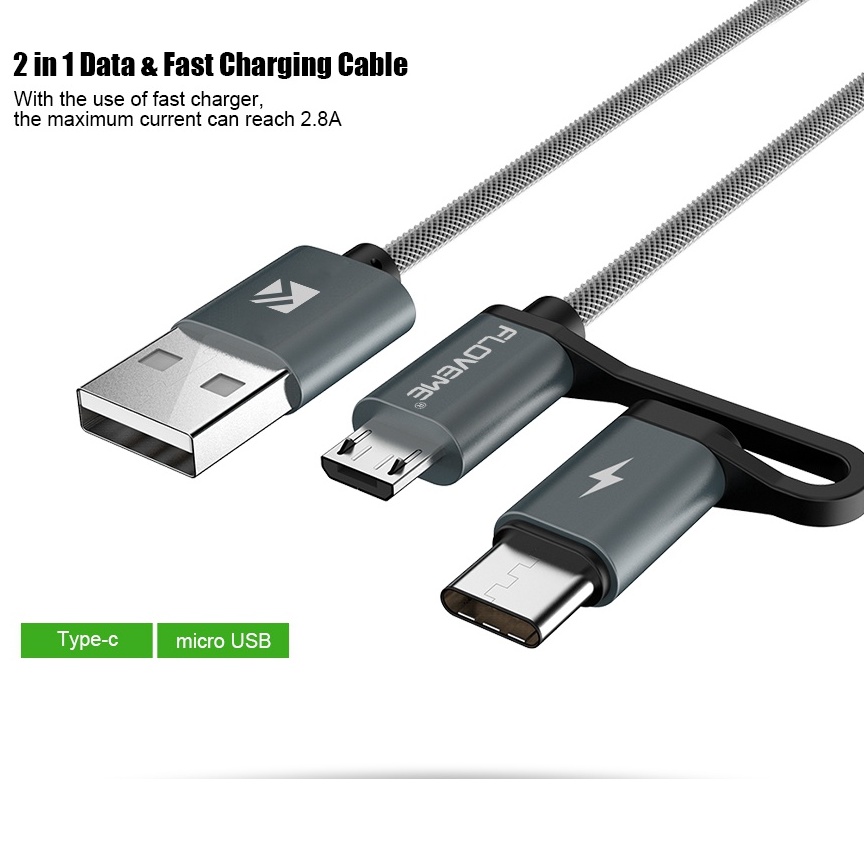 Floveme Kabel Charger 2 in 1 Micro USB + USB Type C QC3.0 2.8A 100cm 1 meter cable data kecepatan tinggi FLOVEME 2 in 1 QC 3.0 Micro USB Type C Cable Fast Charging Type-C Charger USB-C Cables For Samsung S8 Note 8 S7 Phone USB Cable