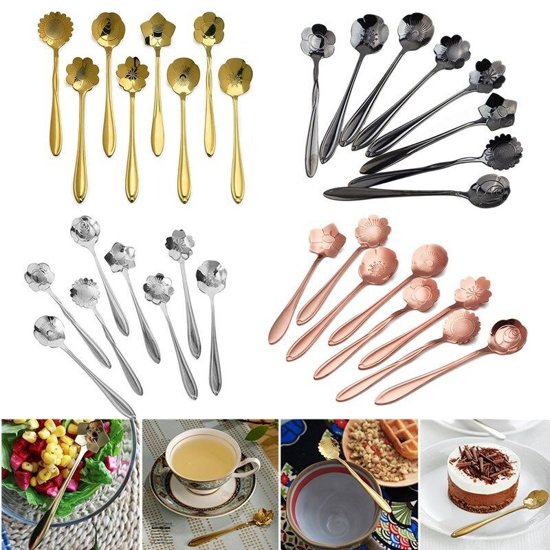 8pcs / set Sendok Kopi / Teh / Es Krim / Sup / Dessert Bentuk Bunga Sakura Bahan Stainless Steel