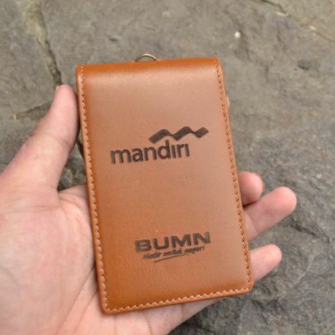 ID Card Holder Kulit Asli Logo BANK MANDIRI free Tali Lanyard Kulit