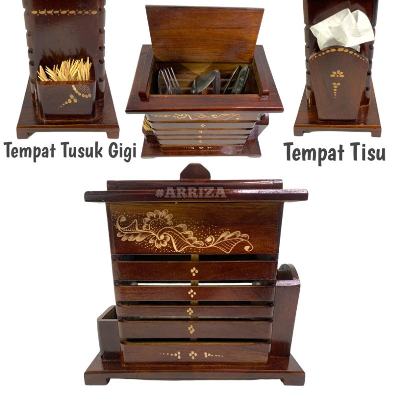 Tempat Sendok / Rak Sendok Dari kayu Jati + Tempat Tusuk Gigi + Tempat Tisu