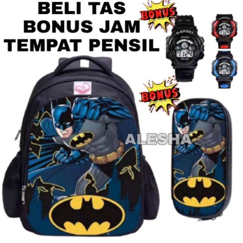 Tas Ransel Fashion Sekolah Anak Laki Laki PAUD TK SD Marvel Super Hero Freeee fireee Batmn Bonus Jam Tangan