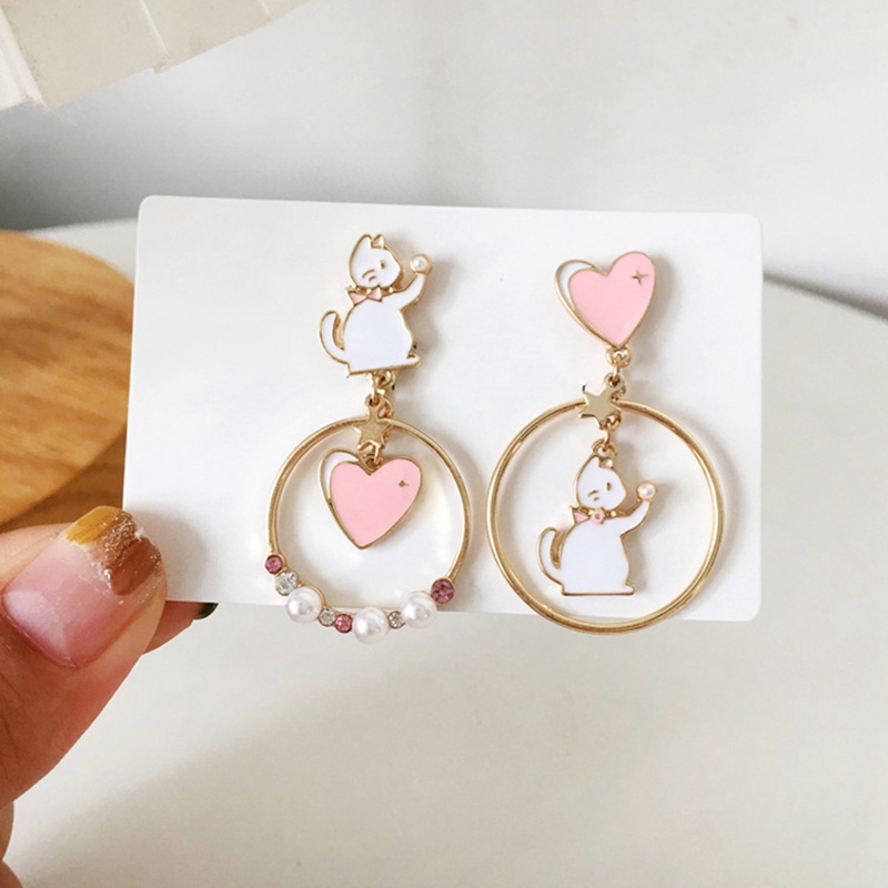 Fancyqube Anting Tusuk Gantung Wanita Desain Kucing / Bulan / Bintang / Bunga Asimetris Untuk Pesta / Hadiah