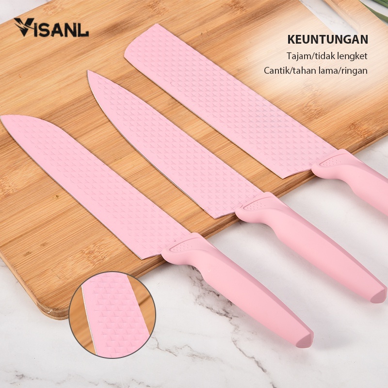 Pisau Berlian Merah Muda Knife Diamond Set 6 in 1 Cookware Pisau Dapur Anti Lengket VS-1844