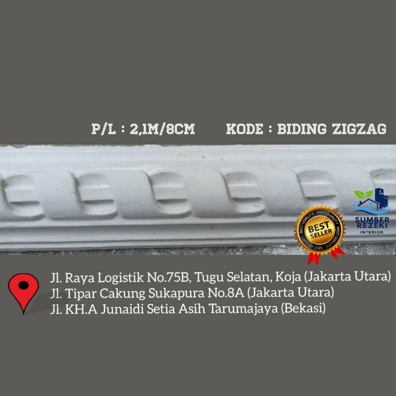 Lis/List Profil Gypsum Plafon Biding Besar, Motif Zigzag 8cm