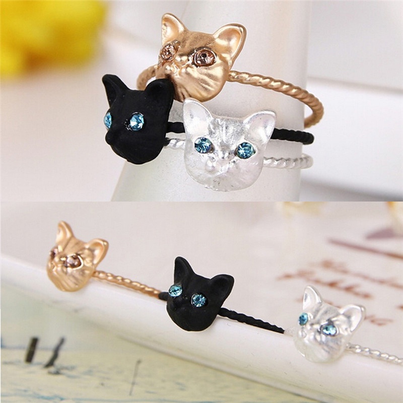 # Kaos T-Shirt Wanita Lengan Pendek Motif Print #1pc Cincin Berlian Imitasi Bentuk Kucing Mini Warna Hitam / Emas / Silver