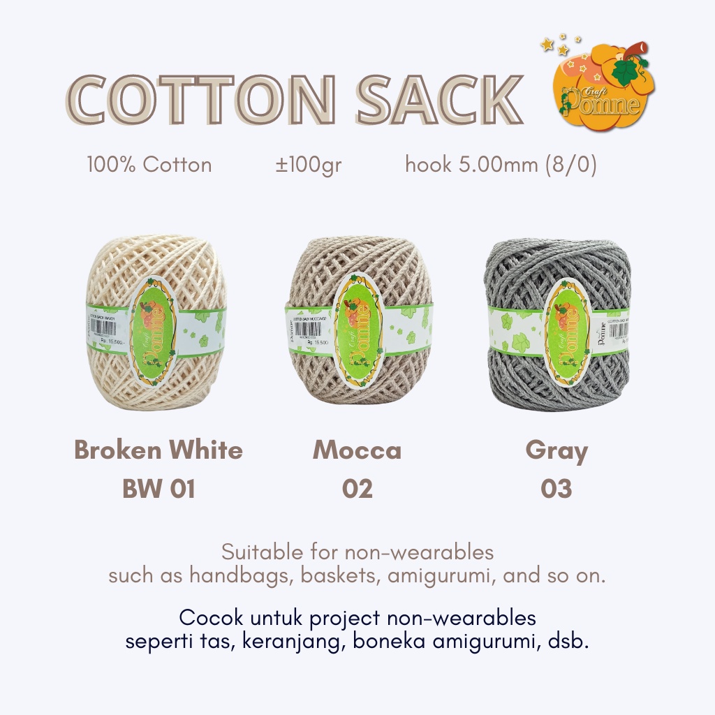 LIMITED!! BENANG RAJUT COTTON SACK / Katun Karung - Crochet Yarn - Benang Rajut Tas, Dompet, Keranjang +-100gram