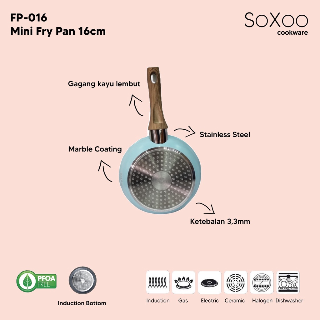 Mini Fry Pan Marble 16 cm Induksi Anti Lengket Frying Wok Soxoo FP-016