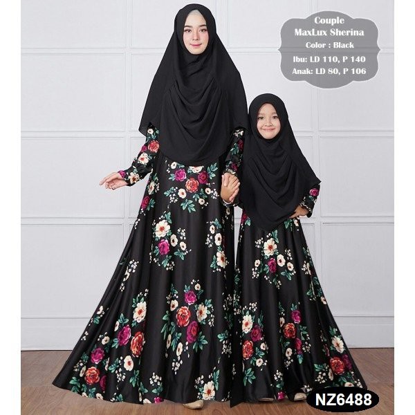 Gamis Syar i  Premium Couple Ibu Anak Set Kerudung Khimar maxmara motif bunga hitam pink putih &