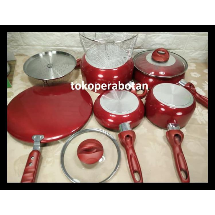 (Bonus 3Pcs) Panci Set Supra 12Pc Warna (Merah) / Steamer / Grill - Merah Terjamin
