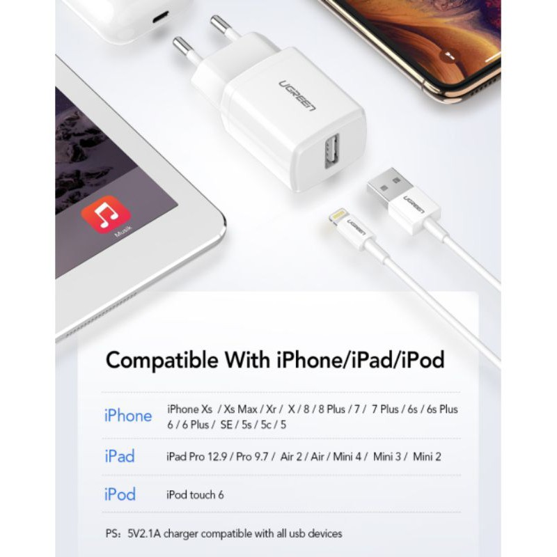 Ugreen Charger 10.5 Watt Support for IPhone 11 8 6 7 Plus X XR XS XR XS Max Ipad With Kabel Lightning Mfi Original