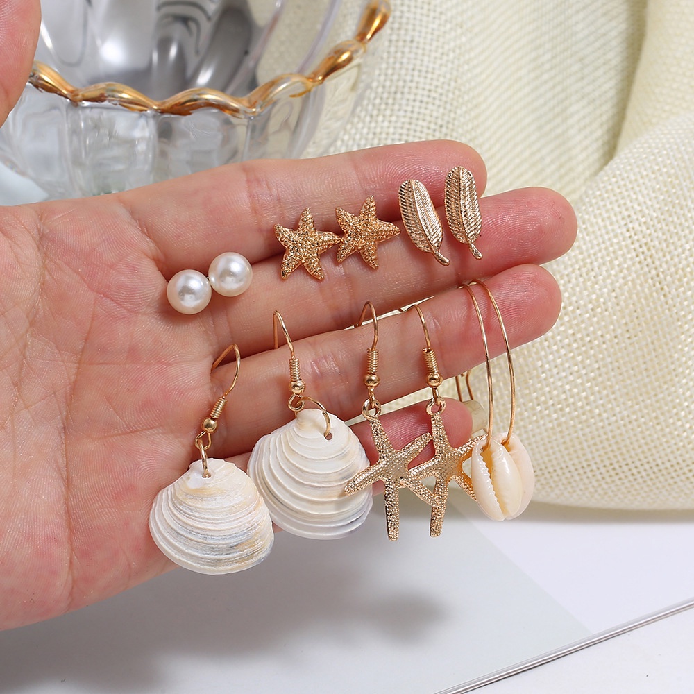 6 Pasang Anting Tusuk Motif Bintang Laut / Kerang / Mutiara Untuk Wanita