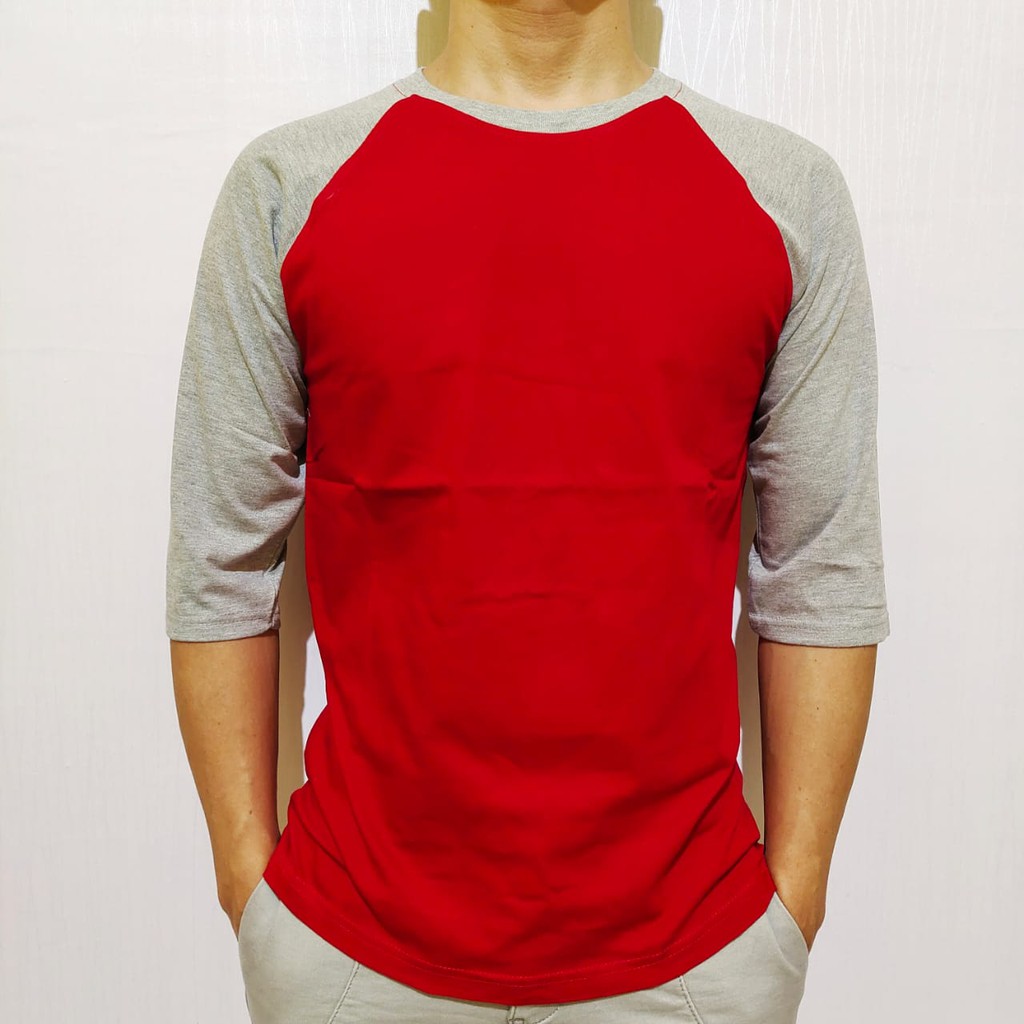 kaos polos raglan merah lengan abu misty 3/4 20 22 S M L XL XXL