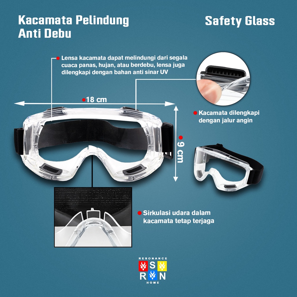 Kacamata Medis Anti Virus Pelindung Debu Safety Glass Clear Resonance Home