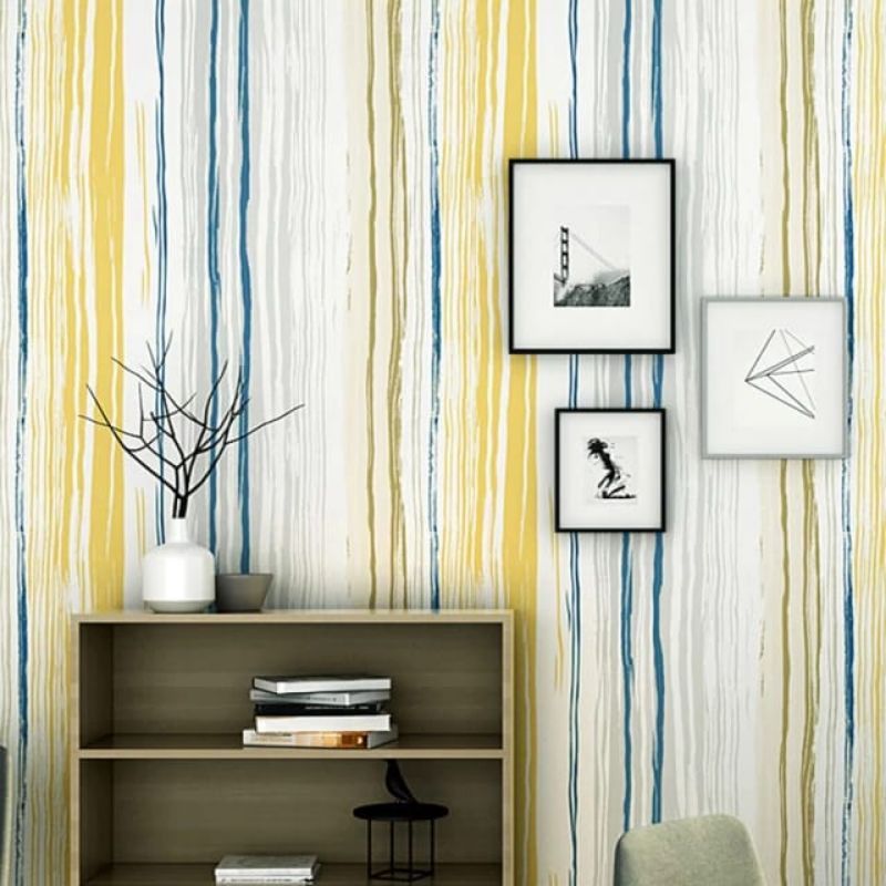 WALLPAPER STIKER DINDING GARIS KUNING BIRU NEW ARRIVAL 45CM X 10M