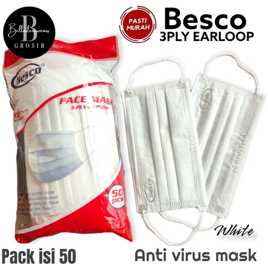 BESCO - MASKER 3PLY ANTI VIRUS TEBAL MEDICAL GRADE Earloop BOX ISI 50pcs  KEMENKES - BIRU HIJAU WRN