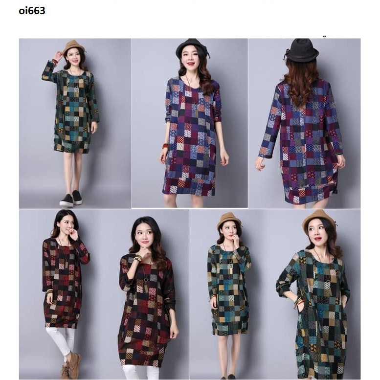 oi663- baju terusan wanita dress import longgar merah- biru-hijau