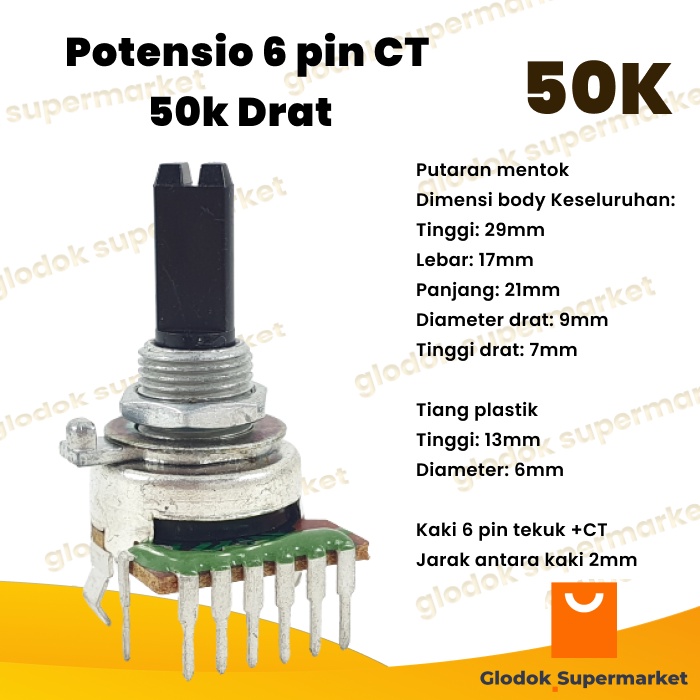 Potensio 6 pin CT 50k Drat Stereo Kaki 6+1 Tekuk Volume Mixer 503