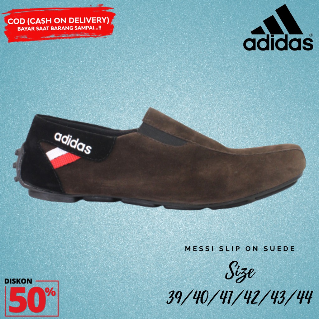 PROMO!! Sepatu Slip On Pria Adidas Messi Coklat Moccasin Suede Selop Kasual Santai Kerja Jalan Laki