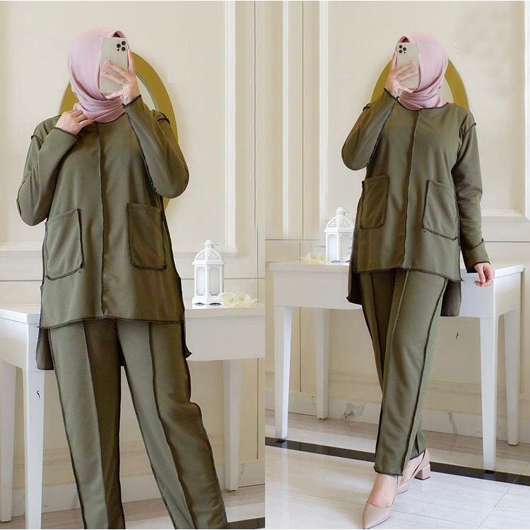 PAKAIAN FASHION MUSLIM WANITA SETELAN CELANA SET POLOS MIANE TERBARU DMR