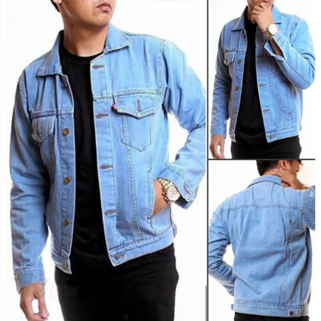 BIOBLITZ Jaket jeans pria dewasa pakaian denim warna biru muda ukuran jumbo