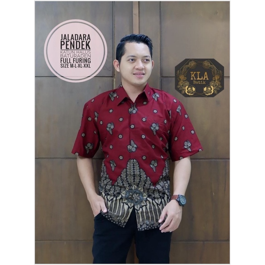DISKON BESAR JALADARA MERAH KEMEJA BATIK SOLO PRIA LENGAN PENDEK LAPIS FURING ATASAN PREMIUM MODERN 