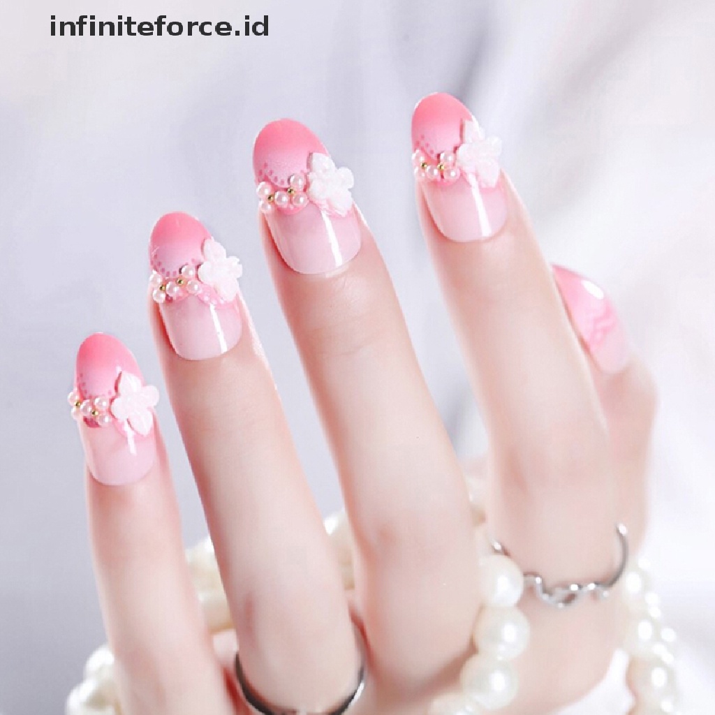 (Infiniteforce.Id) 24pcs / set Kuku Palsu 3d Hias Berlian Imitasi Warna Pink Untuk Pengantin Wanita