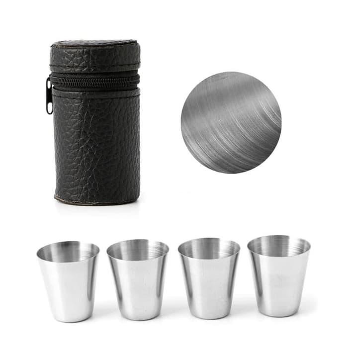 Gelas Mini Sloki Stainless Steel 4pcs Leather Pouch with Zipper Wine Tentara Glass