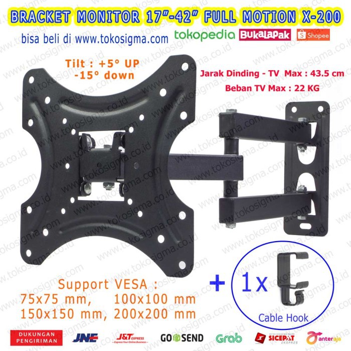 BRACKET FULL MOTION X200 TV CURVE FLAT LCD LED 17 24 32 33 34 37 42 IN