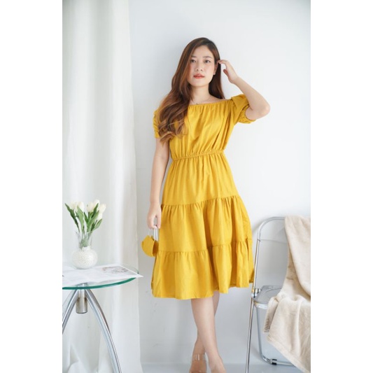 DDC9634 - Nonna Ruffle Midi Dress  bahan Cotton linen HQ