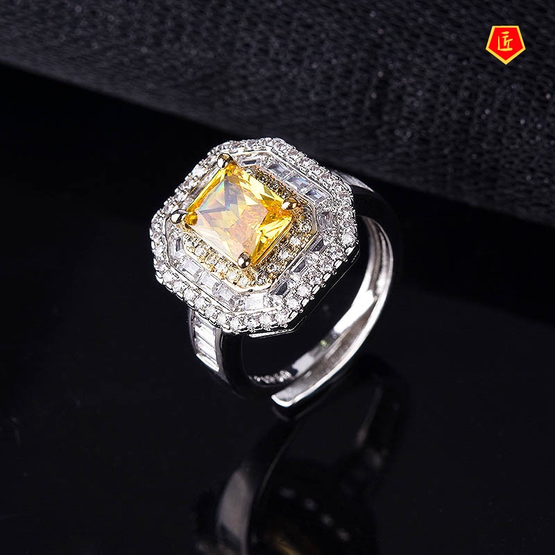 [Ready Stock]Luxury Design Square Yellow Diamond Ring for Women