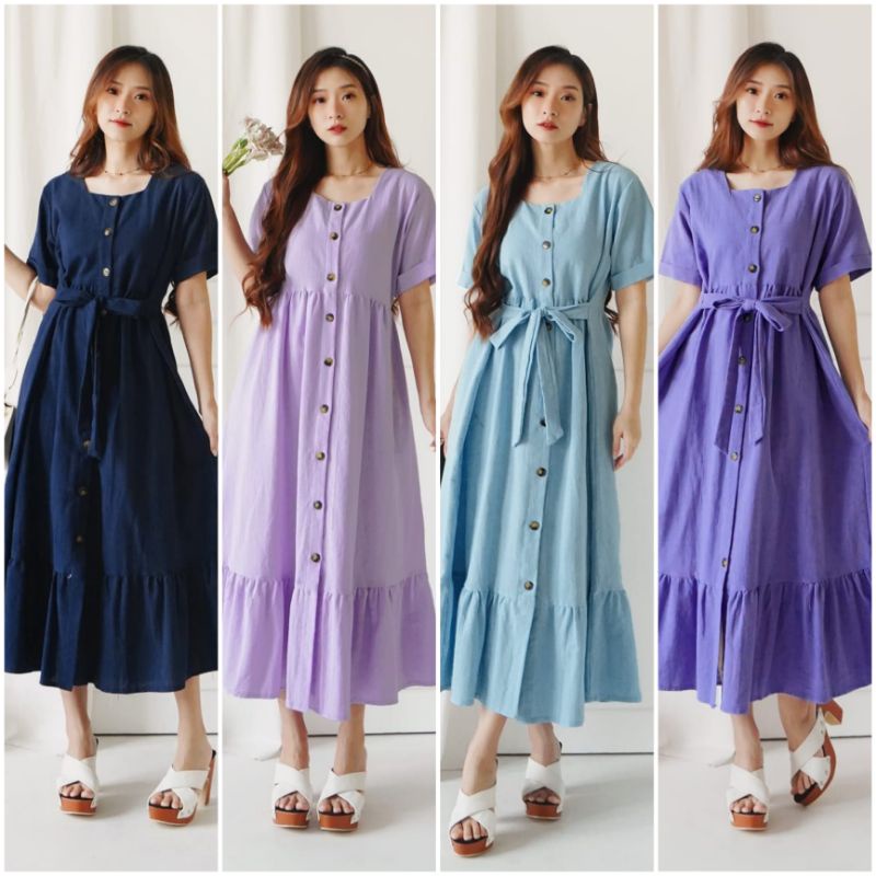 ⚡️CLEARANCE SALE ♡ PREMIUM ♡ ORIGINAL ! ELLEANORE VINTAGE BUTTON SQUARE NECK BOTTOM RUFFLE MIDI  DRESS ( BUSUI FRIENDLY )