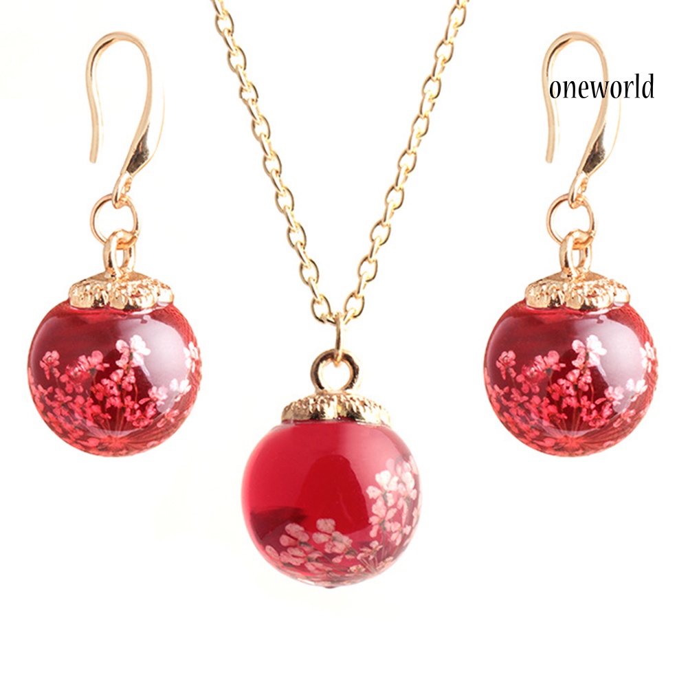 OW@ Fashion Women Dried Flower Glass Ball Pendant Necklace Hook Earrings Jewelry Set
