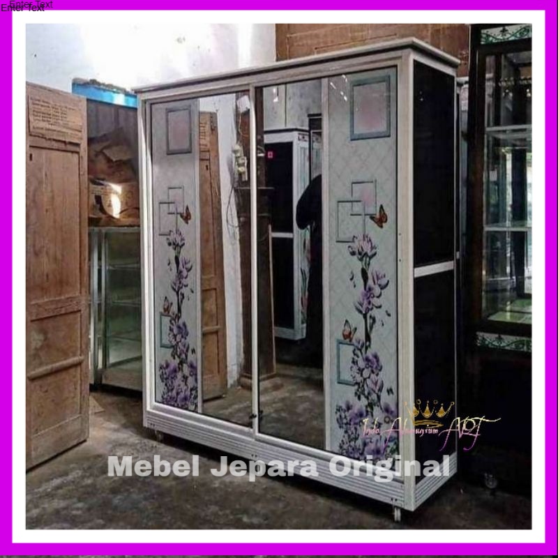 Lemari Pakaian Pintu 4 - Almari Baju Kaca Motif Bunga Bahan Alumunium Modern