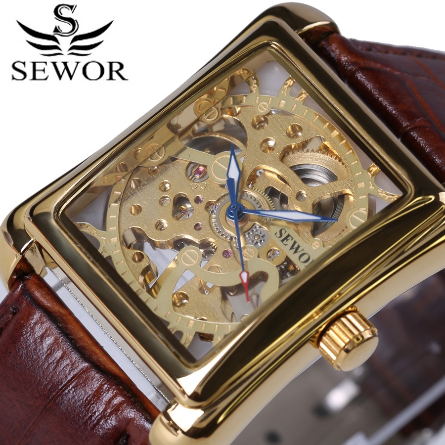 Jam tangan mekanik pria SEWOR Vintage Series Men's Watch Brown Leather Mechanical Skeleton Watches