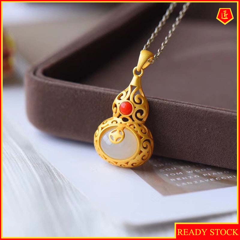 [Ready Stock]Fashion Gold-Plated Inlaid Jade Gourd Necklace Pendant