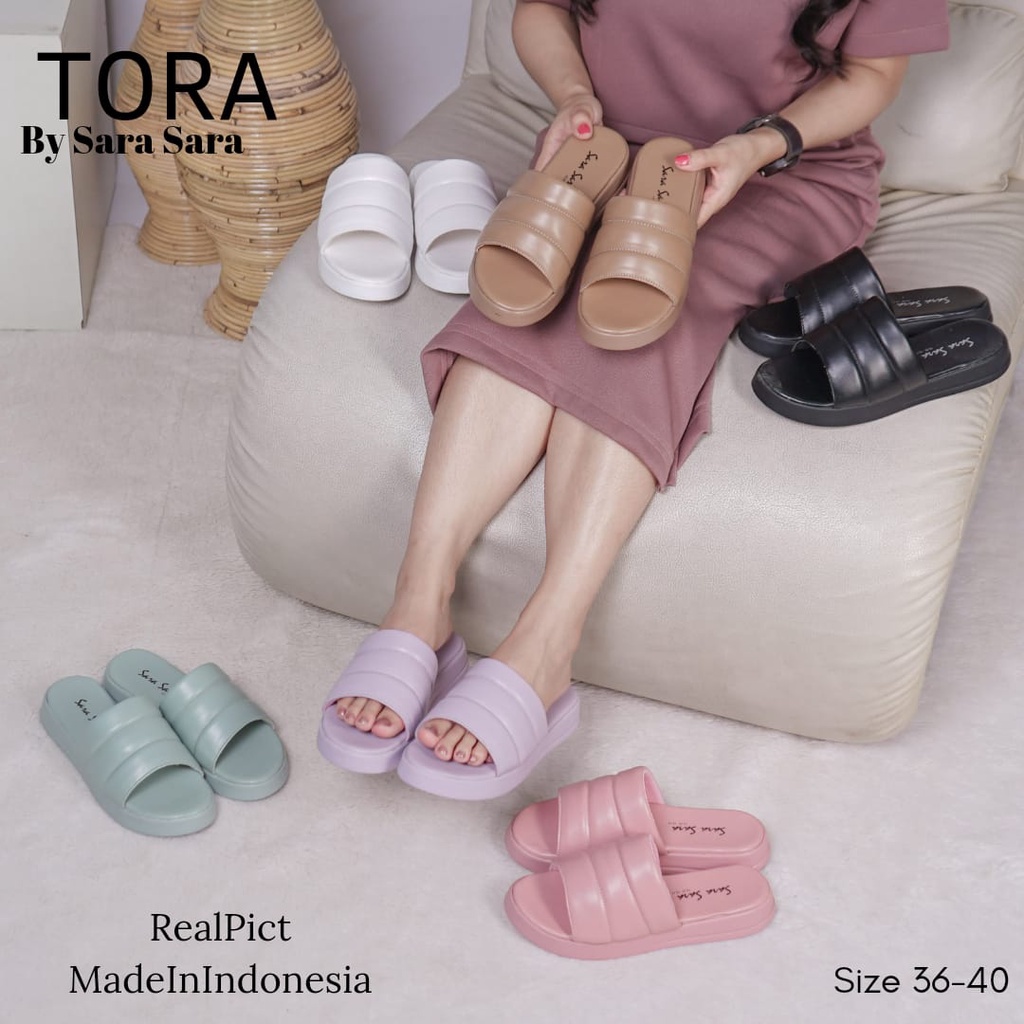 Sara Sara TORA Sandal Slop Wanita Kekinian Sandal Slide Karet Slip On Hak Flatform Kekinian