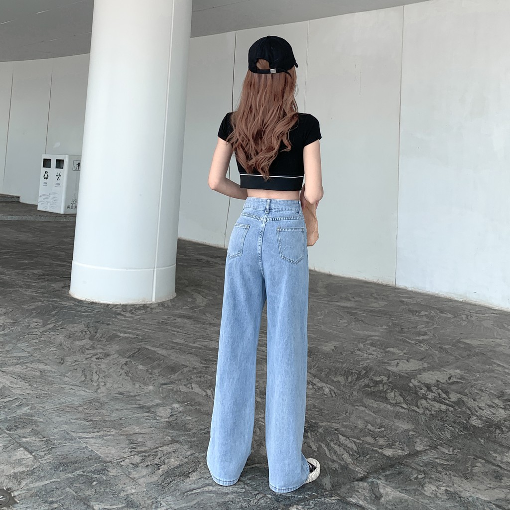 Celana Jeans Wanita Korea Style Loose High Waist Straight Pants