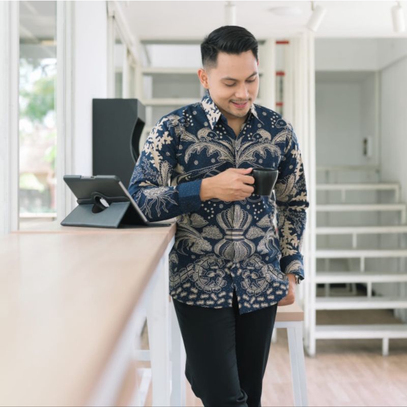 Urang Navy Baju Batik Pria Lengan Panjang Lapis Furing Premium Modern