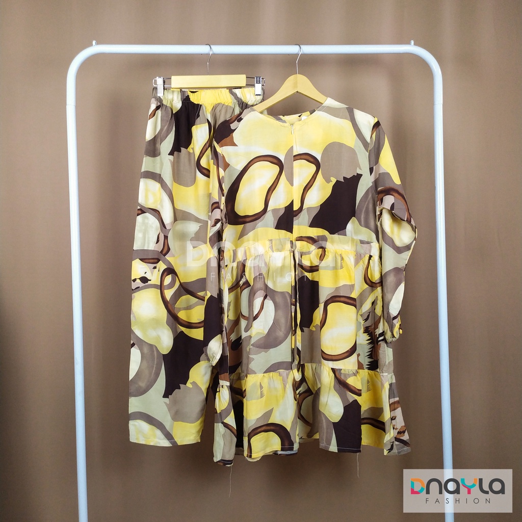 One Set Rempel Resleting Tali Serut / Setelan Celana Panjang / Setelan Baju Wanita Motif Abstract