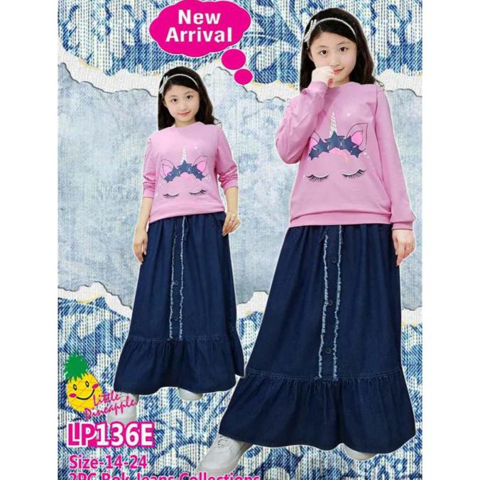 DISKON Little pineapple setelan unicorn rok jeans pink unicorn anak 8-13Y